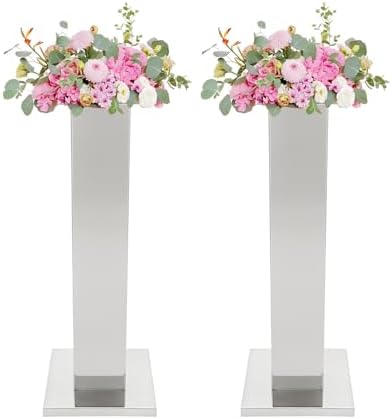 2 Pack 31.5" Tall Silver Vases for Centerpieces, Stainless Steel Column Geometric Centerpieces, Metal Wedding, alternate view