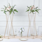 2 Pack | 32" Gold Geometric Crisscross Metal Frame Centerpieces, Open Column Pedestal Flower Stands in Type 5