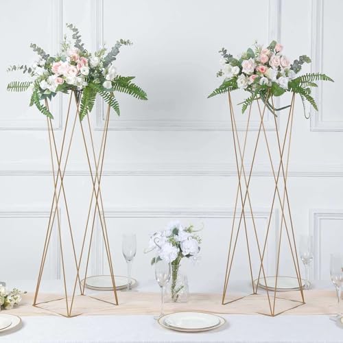 2 Pack | 32" Gold Geometric Crisscross Metal Frame Centerpieces, Open Column Pedestal Flower Stands in Type 5