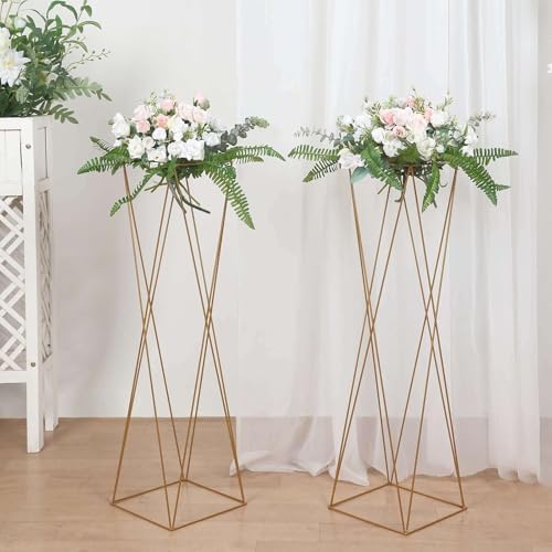 2 Pack | 32" Gold Geometric Crisscross Metal Frame Centerpieces, Open Column Pedestal Flower Stands in Type 5, alternate view