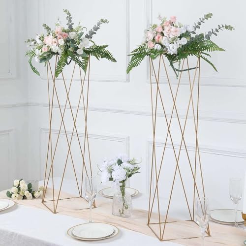 2 Pack | 32" Gold Geometric Crisscross Metal Frame Centerpieces, Open Column Pedestal Flower Stands in Type 5, alternate view