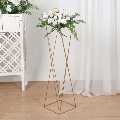 2 Pack | 32" Gold Geometric Crisscross Metal Frame Centerpieces, Open Column Pedestal Flower Stands in Type 5, alternate view