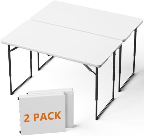 2 Pack 4 FT Folding Table with Adjustable Height, Heavy Duty Fold in Half Utility Table, Portable Plastic Picnic