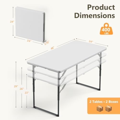 2 Pack 4 FT Folding Table with Adjustable Height, Heavy Duty Fold in Half Utility Table, Portable Plastic Picnic, alternate