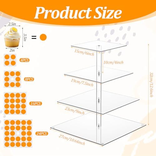 2 Pack 4 Tier Acrylic Cupcake Stand, Square Cupcake Tower for 52 Cupcakes, Clear Dessert Display Stand Set for, alternate