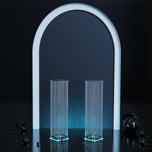 2-Pack 48” Clear Acrylic LED Wedding Pillars with Remote Lights, Crystal Bead Pedestal Stands for Ceremonies