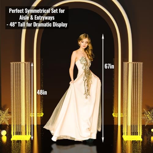 2-Pack 48” Clear Acrylic LED Wedding Pillars with Remote Lights, Crystal Bead Pedestal Stands for Ceremonies, alternate view