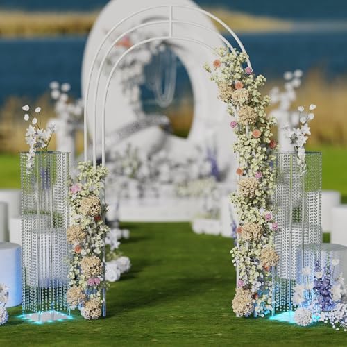2-Pack 48” Clear Acrylic LED Wedding Pillars with Remote Lights, Crystal Bead Pedestal Stands for Ceremonies, alternate view