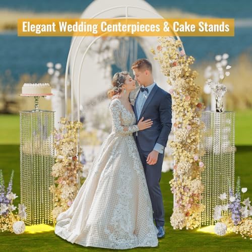 2-Pack 48” Clear Acrylic LED Wedding Pillars with Remote Lights, Crystal Bead Pedestal Stands for Ceremonies, alternate view