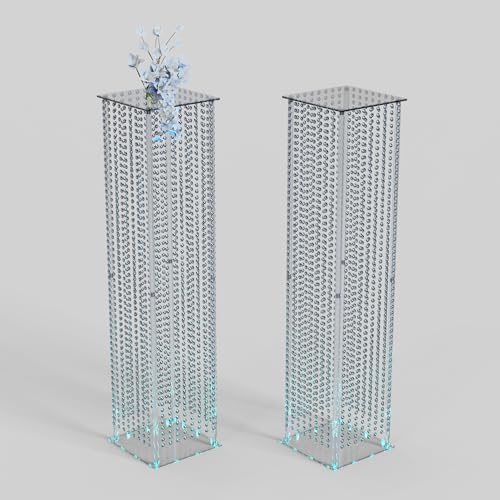 2-Pack 48” Clear Acrylic LED Wedding Pillars with Remote Lights, Crystal Bead Pedestal Stands for Ceremonies, alternate view