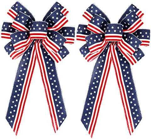 2 Pack 4th of July Decor Bow for Wreath, Red White Blue Stripe Stars Tree Topper Bows for Patriotic