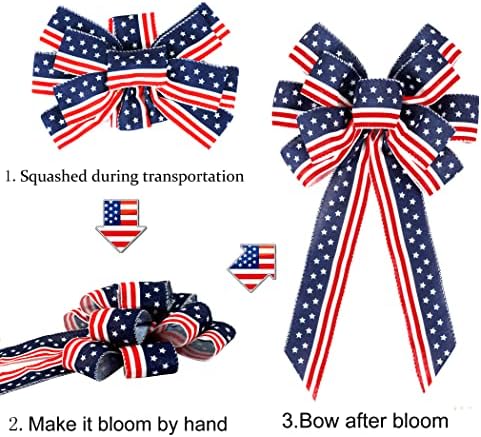 2 Pack 4th of July Decor Bow for Wreath, Red White Blue Stripe Stars Tree Topper Bows for Patriotic, alternate view 5