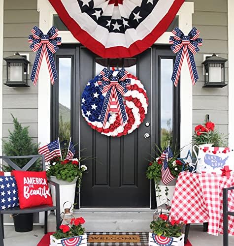 2 Pack 4th of July Decor Bow for Wreath, Red White Blue Stripe Stars Tree Topper Bows for Patriotic, alternate view 6