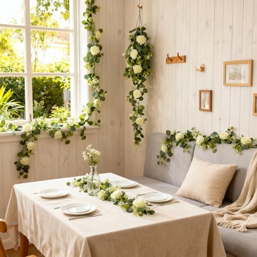 2 Pack 5.9 FT Artificial Flower Garland with Lights, Fake Floral Garland with 12 White Roses, White Flower, alternate view 2
