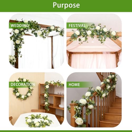 2 Pack 5.9 FT Artificial Flower Garland with Lights, Fake Floral Garland with 12 White Roses, White Flower, alternate view 6