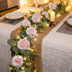 2 Pack 5.9 FT Artificial Flower Garland with Lights, Fake Floral Garland with 12 Pink Roses, White Flower