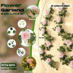 2 Pack 5.9 FT Artificial Flower Garland with Lights, Fake Floral Garland with 12 Pink Roses, White Flower, alternate view 2