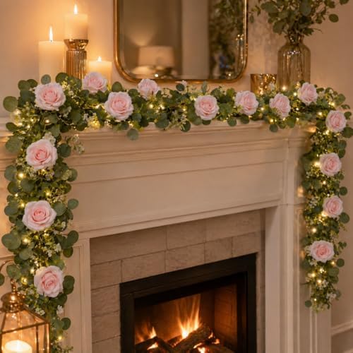 2 Pack 5.9 FT Artificial Flower Garland with Lights, Fake Floral Garland with 12 Pink Roses, White Flower, alternate view 4