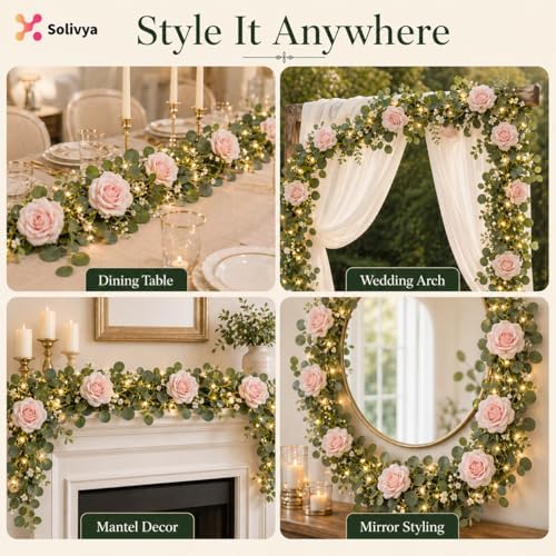 2 Pack 5.9 FT Artificial Flower Garland with Lights, Fake Floral Garland with 12 Pink Roses, White Flower, alternate view 6