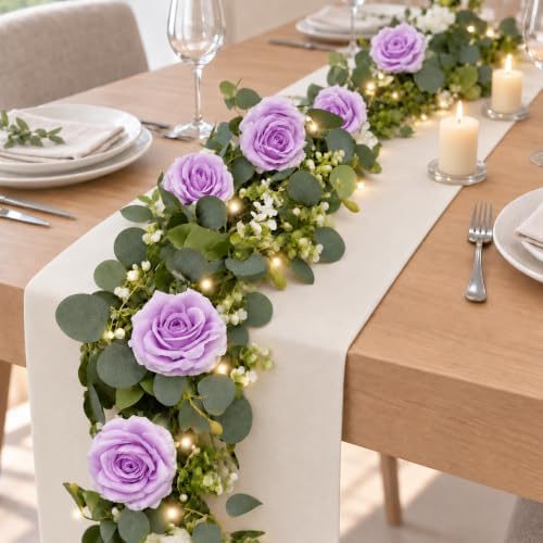 2 Pack 5.9 FT Artificial Flower Garland with Lights, Fake Floral Garland with 12 Purple Roses, Flower