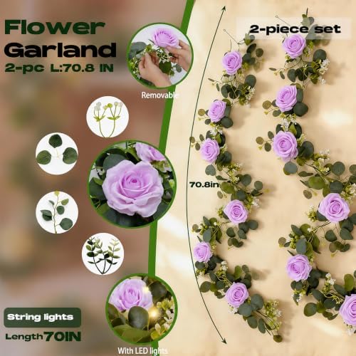 2 Pack 5.9 FT Artificial Flower Garland with Lights, Fake Floral Garland with 12 Purple Roses, Flower, alternate view 2