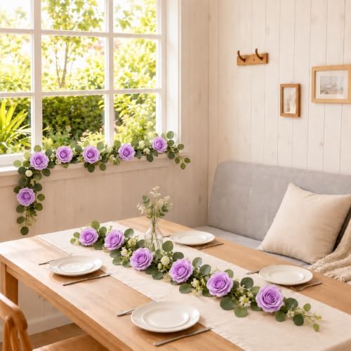 2 Pack 5.9 FT Artificial Flower Garland with Lights, Fake Floral Garland with 12 Purple Roses, Flower, alternate view 3