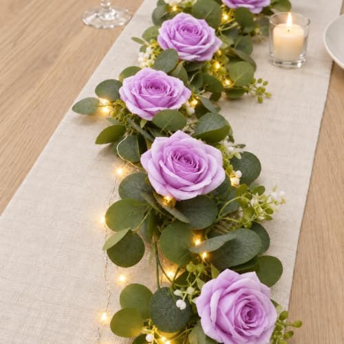 2 Pack 5.9 FT Artificial Flower Garland with Lights, Fake Floral Garland with 12 Purple Roses, Flower, alternate view 4