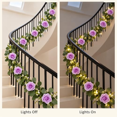2 Pack 5.9 FT Artificial Flower Garland with Lights, Fake Floral Garland with 12 Purple Roses, Flower, alternate view 5