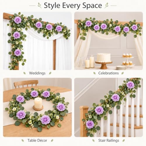 2 Pack 5.9 FT Artificial Flower Garland with Lights, Fake Floral Garland with 12 Purple Roses, Flower, alternate view 6