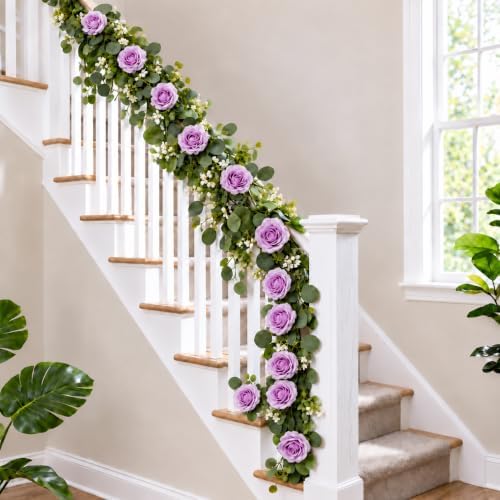 2 Pack 5.9 FT Artificial Flower Garland with Lights, Fake Floral Garland with 12 Purple Roses, Flower, alternate view 7
