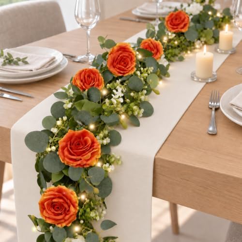 2 Pack 5.9 FT Artificial Flower Garland with Lights, Fake Floral Garland with 12 Orange Roses, Flower