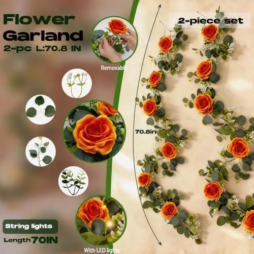 2 Pack 5.9 FT Artificial Flower Garland with Lights, Fake Floral Garland with 12 Orange Roses, Flower, alternate view 2
