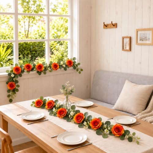 2 Pack 5.9 FT Artificial Flower Garland with Lights, Fake Floral Garland with 12 Orange Roses, Flower, alternate view 3
