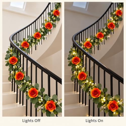 2 Pack 5.9 FT Artificial Flower Garland with Lights, Fake Floral Garland with 12 Orange Roses, Flower, alternate view 5