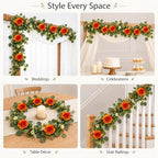 2 Pack 5.9 FT Artificial Flower Garland with Lights, Fake Floral Garland with 12 Orange Roses, Flower, alternate view 6