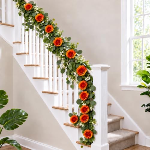 2 Pack 5.9 FT Artificial Flower Garland with Lights, Fake Floral Garland with 12 Orange Roses, Flower, alternate view 7