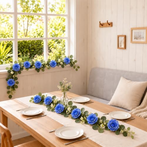 2 Pack 5.9 FT Artificial Flower Garland with Lights, Fake Floral Garland with 12 Blue Roses, Flower Decorations, alternate