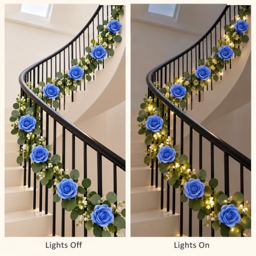 2 Pack 5.9 FT Artificial Flower Garland with Lights, Fake Floral Garland with 12 Blue Roses, Flower Decorations, alternate