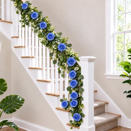 2 Pack 5.9 FT Artificial Flower Garland with Lights, Fake Floral Garland with 12 Blue Roses, Flower Decorations, alternate