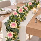 2 Pack 5.9 FT Artificial Flower Garland with Lights, Fake Floral Garland with 12 Pink Heart Roses, Flower