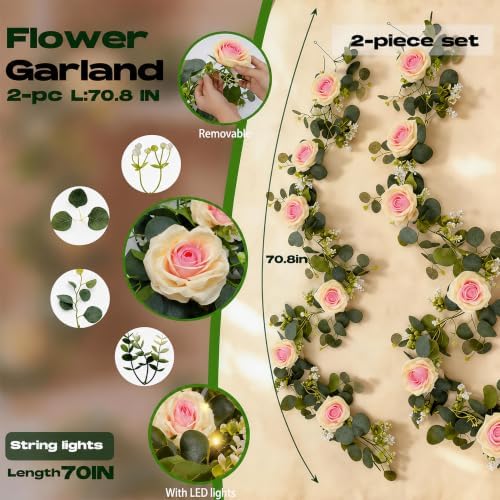 2 Pack 5.9 FT Artificial Flower Garland with Lights, Fake Floral Garland with 12 Pink Heart Roses, Flower, alternate view 2