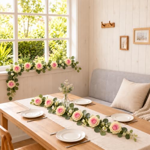 2 Pack 5.9 FT Artificial Flower Garland with Lights, Fake Floral Garland with 12 Pink Heart Roses, Flower, alternate view 3