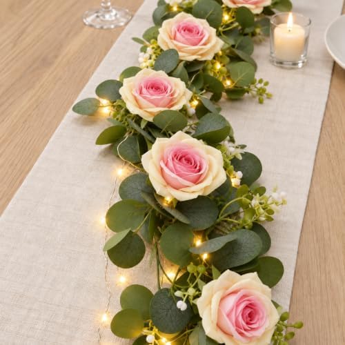 2 Pack 5.9 FT Artificial Flower Garland with Lights, Fake Floral Garland with 12 Pink Heart Roses, Flower, alternate view 4