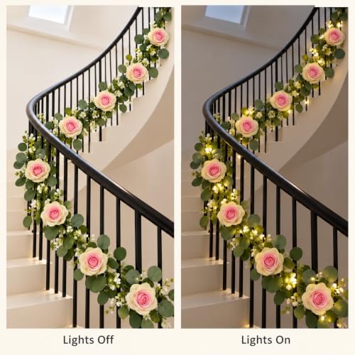2 Pack 5.9 FT Artificial Flower Garland with Lights, Fake Floral Garland with 12 Pink Heart Roses, Flower, alternate view 5