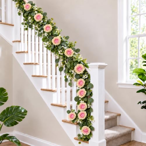 2 Pack 5.9 FT Artificial Flower Garland with Lights, Fake Floral Garland with 12 Pink Heart Roses, Flower, alternate view 7