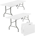 2 Pack 5 Feet Portable Folding Table White, Steel Legs Fold-in-Half with Carrying Handle Rectangular Plastic