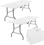 2 Pack 5 Feet Portable Folding Table White, Steel Legs Fold-in-Half with Carrying Handle Rectangular Plastic