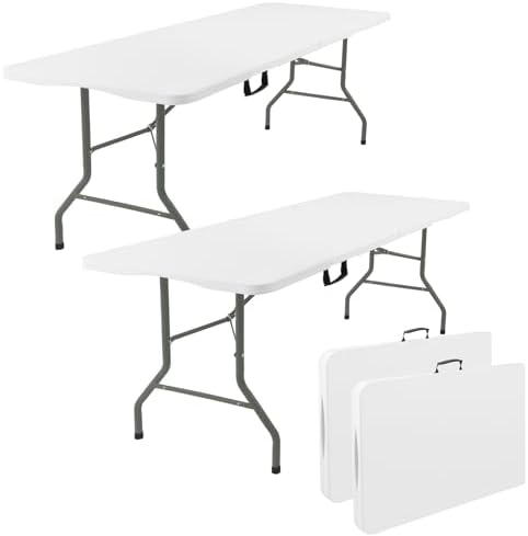 2 Pack 5 Feet Portable Folding Table White, Steel Legs Fold-in-Half with Carrying Handle Rectangular Plastic