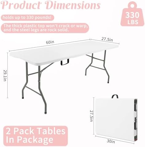 2 Pack 5 Feet Portable Folding Table White, Steel Legs Fold-in-Half with Carrying Handle Rectangular Plastic, alternate view