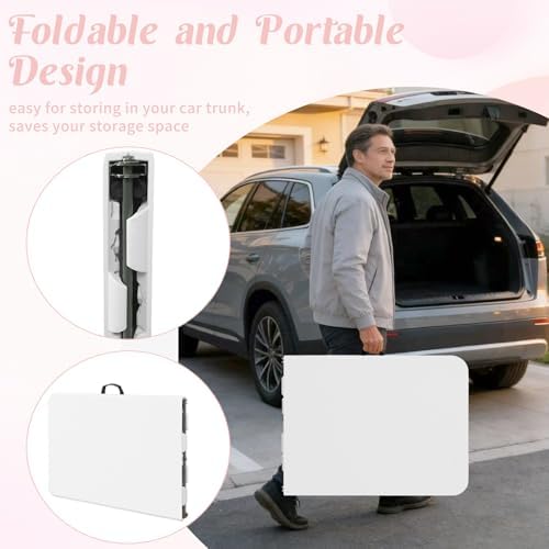 2 Pack 5 Feet Portable Folding Table White, Steel Legs Fold-in-Half with Carrying Handle Rectangular Plastic, alternate view